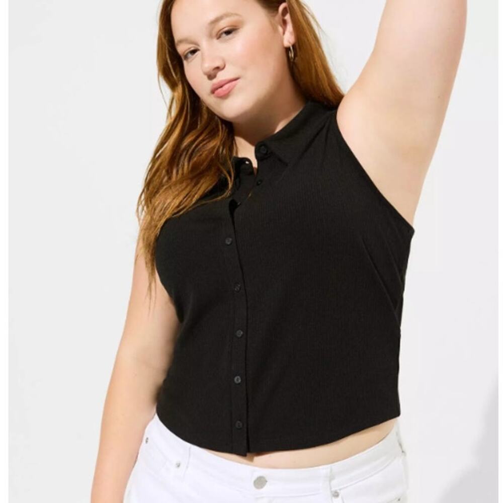 Torrid Fitted Super Soft Rib Knit 1X Dark Academia Collared Button Crop Tank-NWT